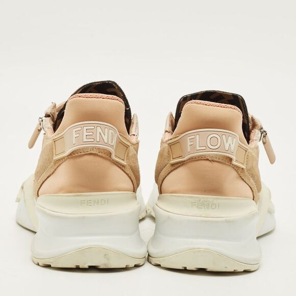 Fendi Flow Size 39.5 Beige/white Fabric And Suede Lace Up Sneakers